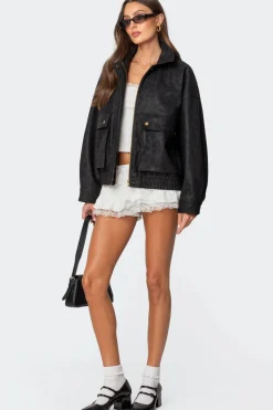 Cargo Faux Leather Bomber Jacket
