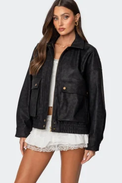 Cargo Faux Leather Bomber Jacket