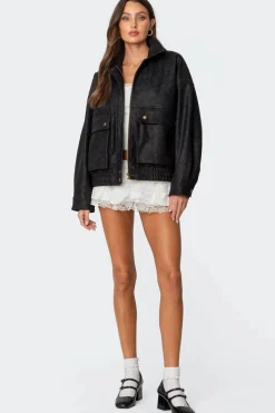 Cargo Faux Leather Bomber Jacket