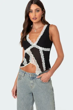 Chiffon & Lace Sheer Asymmetric Top