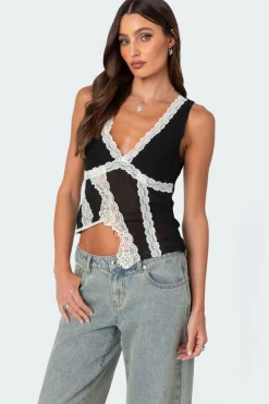 Chiffon & Lace Sheer Asymmetric Top