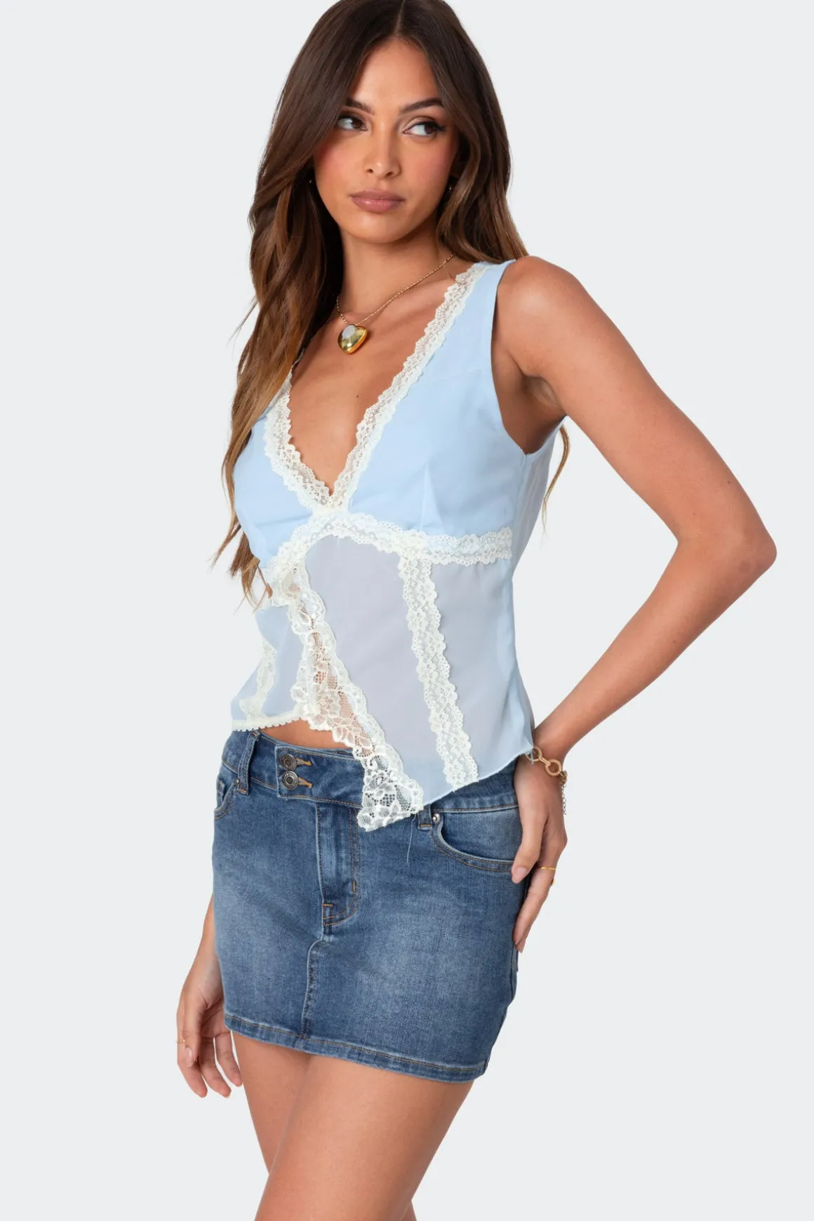 Chiffon & Lace Sheer Asymmetric Top
