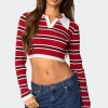 Collared Stripey Ribbed Crop Top