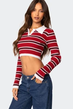 Collared Stripey Ribbed Crop Top