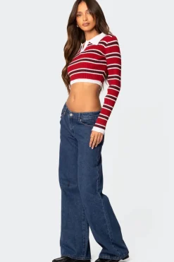Collared Stripey Ribbed Crop Top