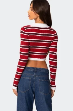 Collared Stripey Ribbed Crop Top