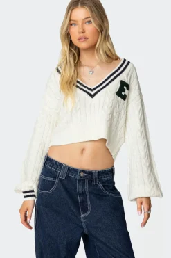 Collegiate Cropped Cable Knit Sweater
