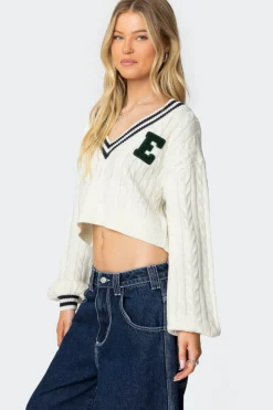 Collegiate Cropped Cable Knit Sweater