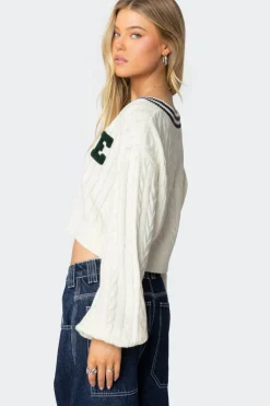 Collegiate Cropped Cable Knit Sweater