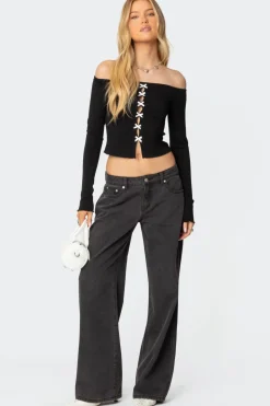 Contrast Bow Off Shoulder Top