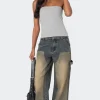 Contrast Panel Low Rise Washed Jeans