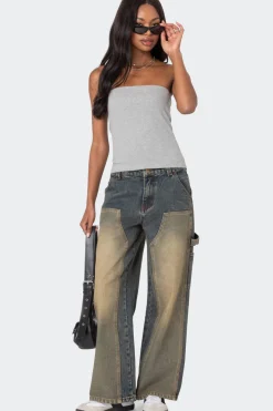 Contrast Panel Low Rise Washed Jeans