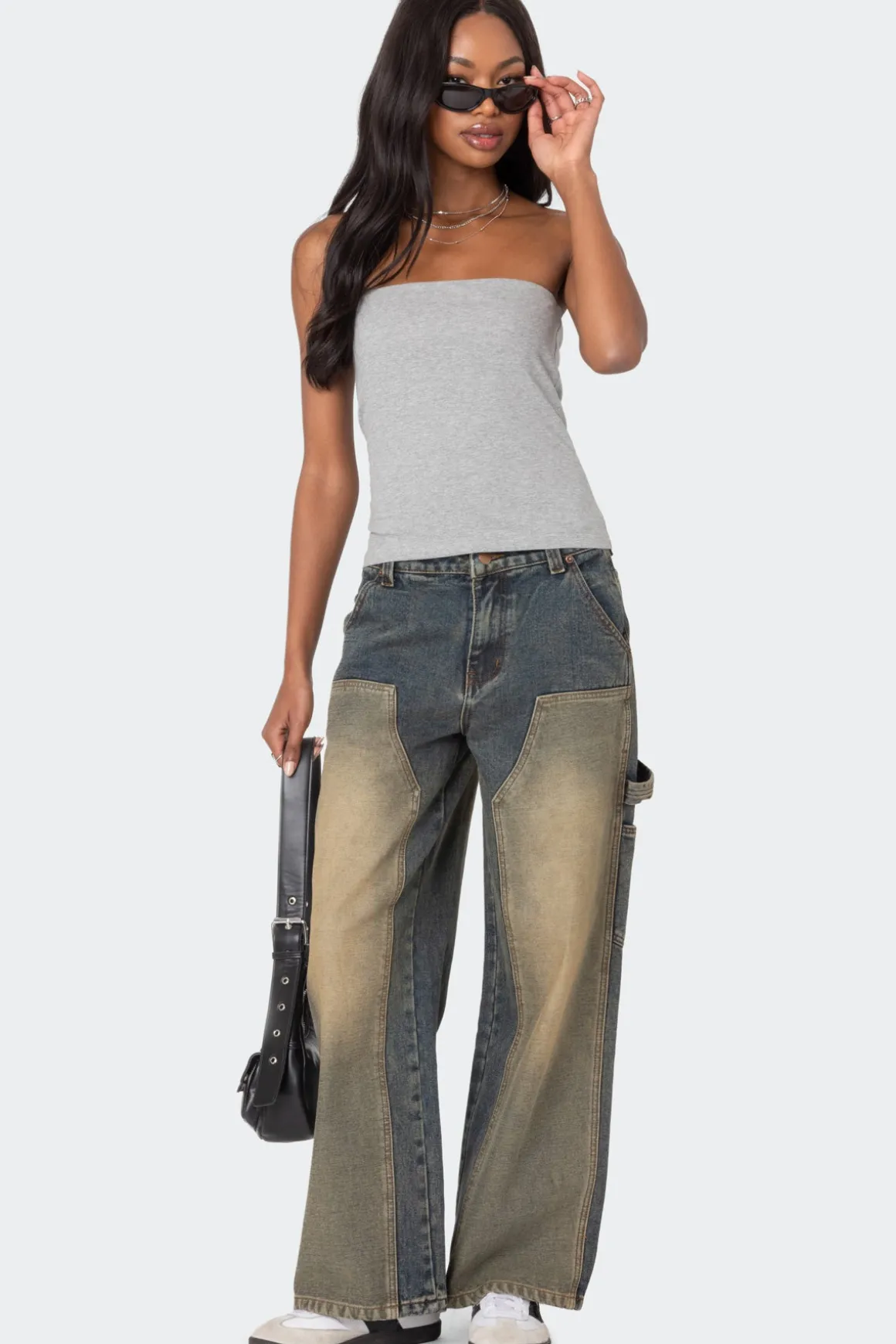 Contrast Panel Low Rise Washed Jeans