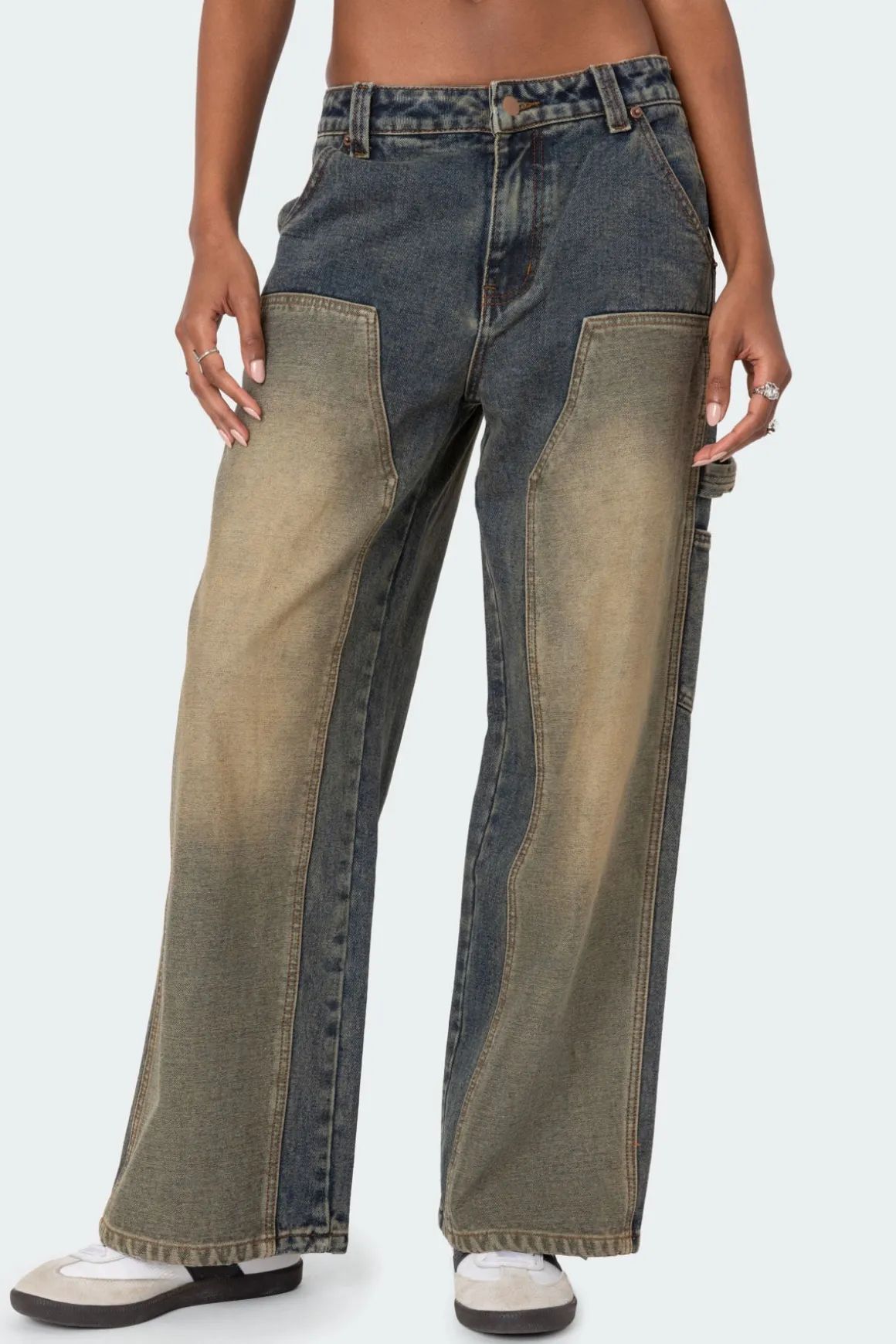 Contrast Panel Low Rise Washed Jeans