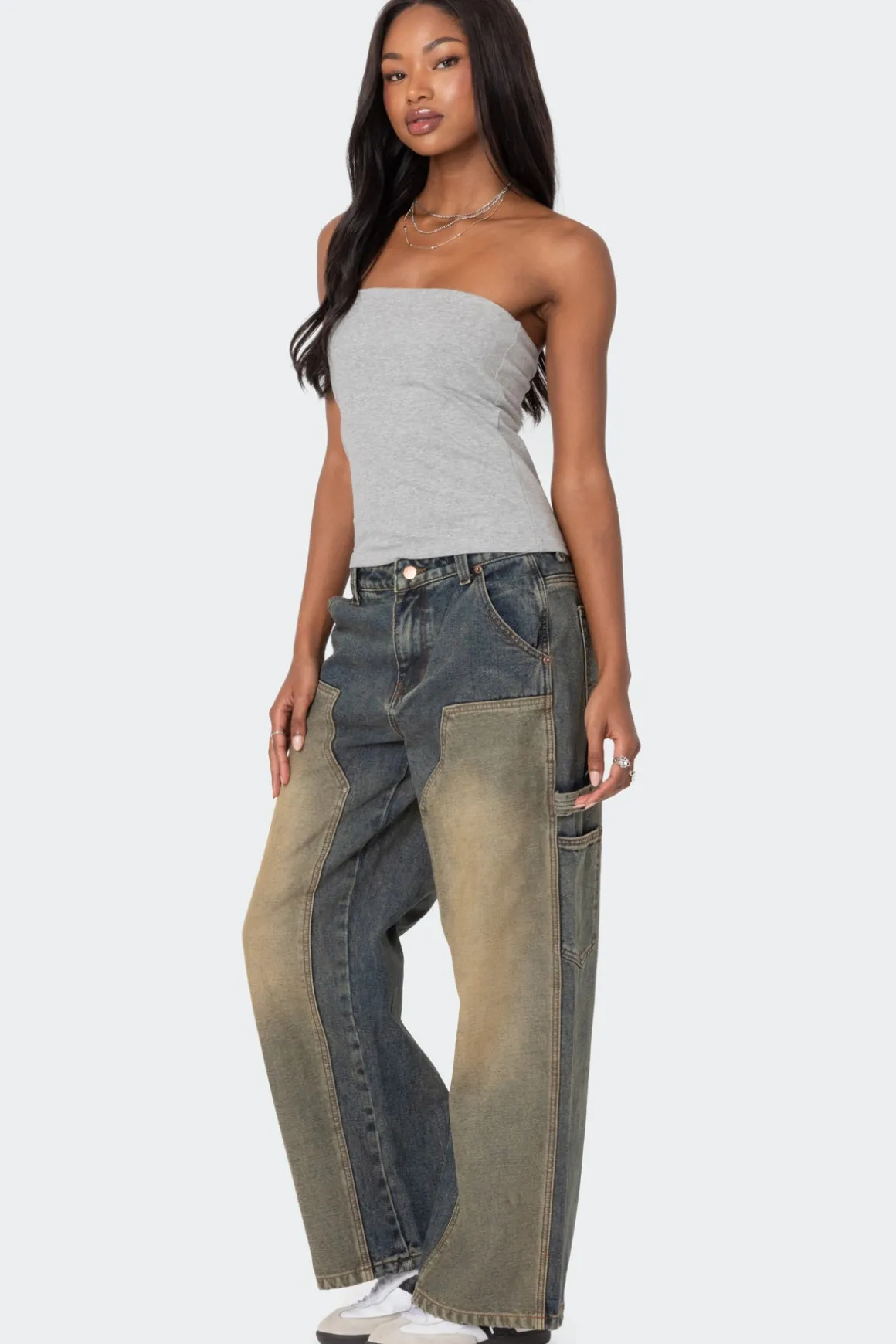 Contrast Panel Low Rise Washed Jeans