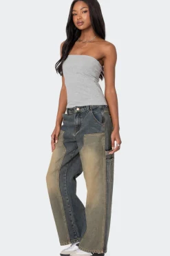 Contrast Panel Low Rise Washed Jeans