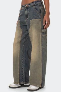 Contrast Panel Low Rise Washed Jeans