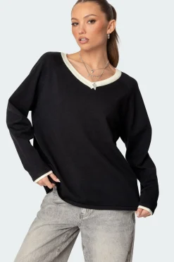 Contrast V Neck Knit Sweater