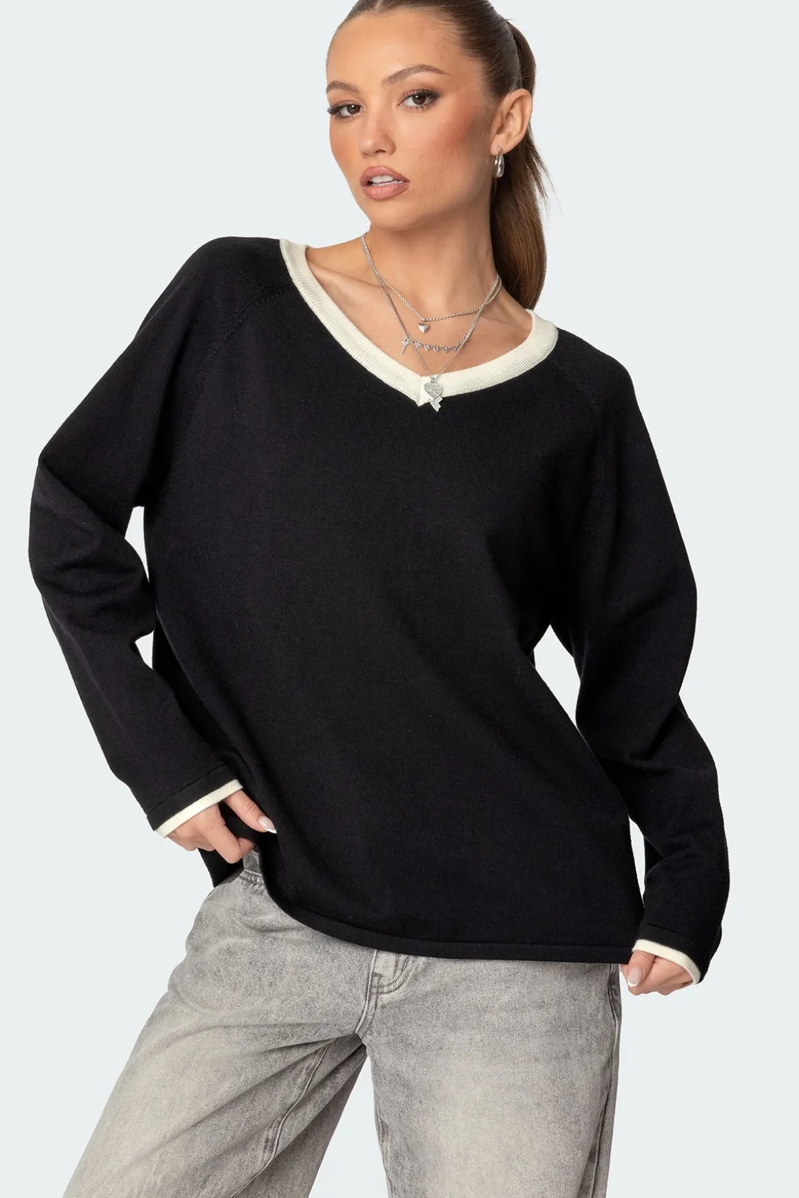 Contrast V Neck Knit Sweater
