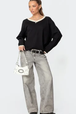 Contrast V Neck Knit Sweater