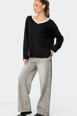 Contrast V Neck Knit Sweater