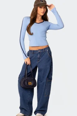 Contrast V Neck Long Sleeve T Shirt