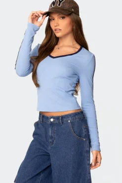 Contrast V Neck Long Sleeve T Shirt