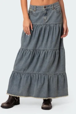 Countryside Tiered Washed Denim Maxi Skirt