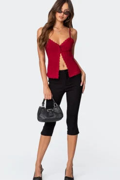 Crimson Lacey Split Front Top
