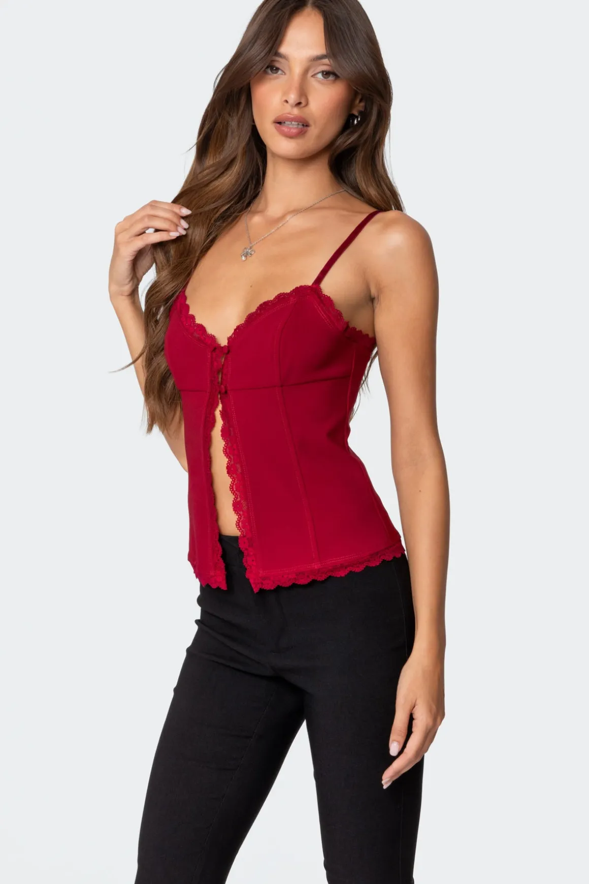 Crimson Lacey Split Front Top