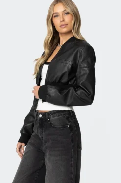 Cropped Faux Leather Bomber Jacket