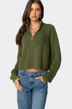 Cropped Rib Knit Half Zip Sweater