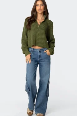 Cropped Rib Knit Half Zip Sweater