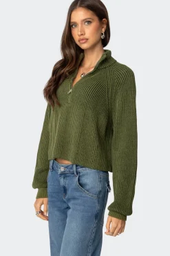 Cropped Rib Knit Half Zip Sweater