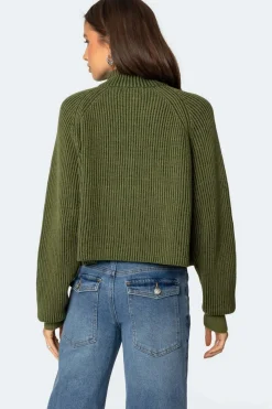 Cropped Rib Knit Half Zip Sweater