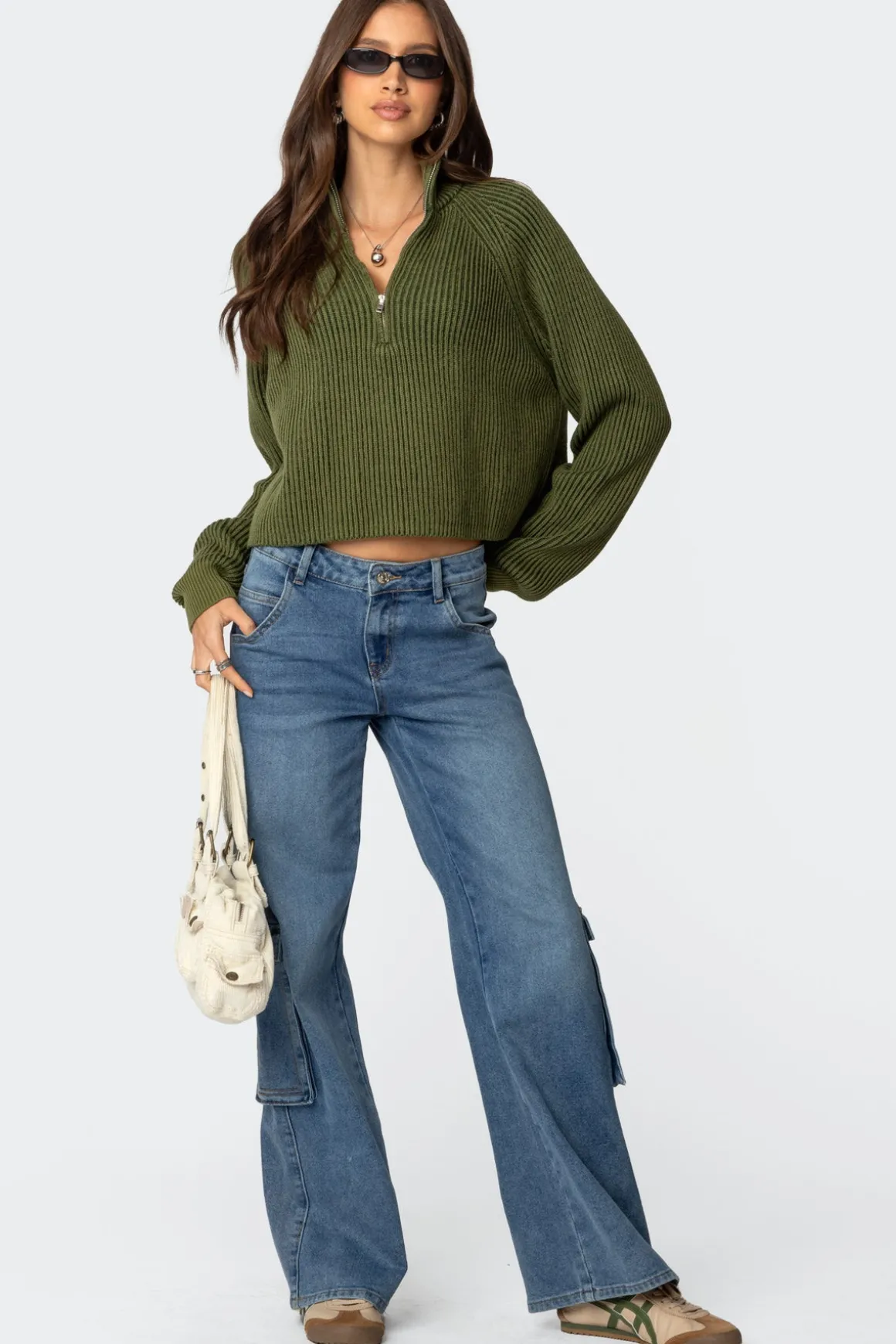 Cropped Rib Knit Half Zip Sweater