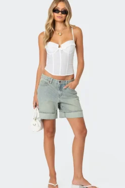 Cuffed Washed Denim Bermuda Shorts