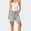 Cuffed Washed Denim Bermuda Shorts