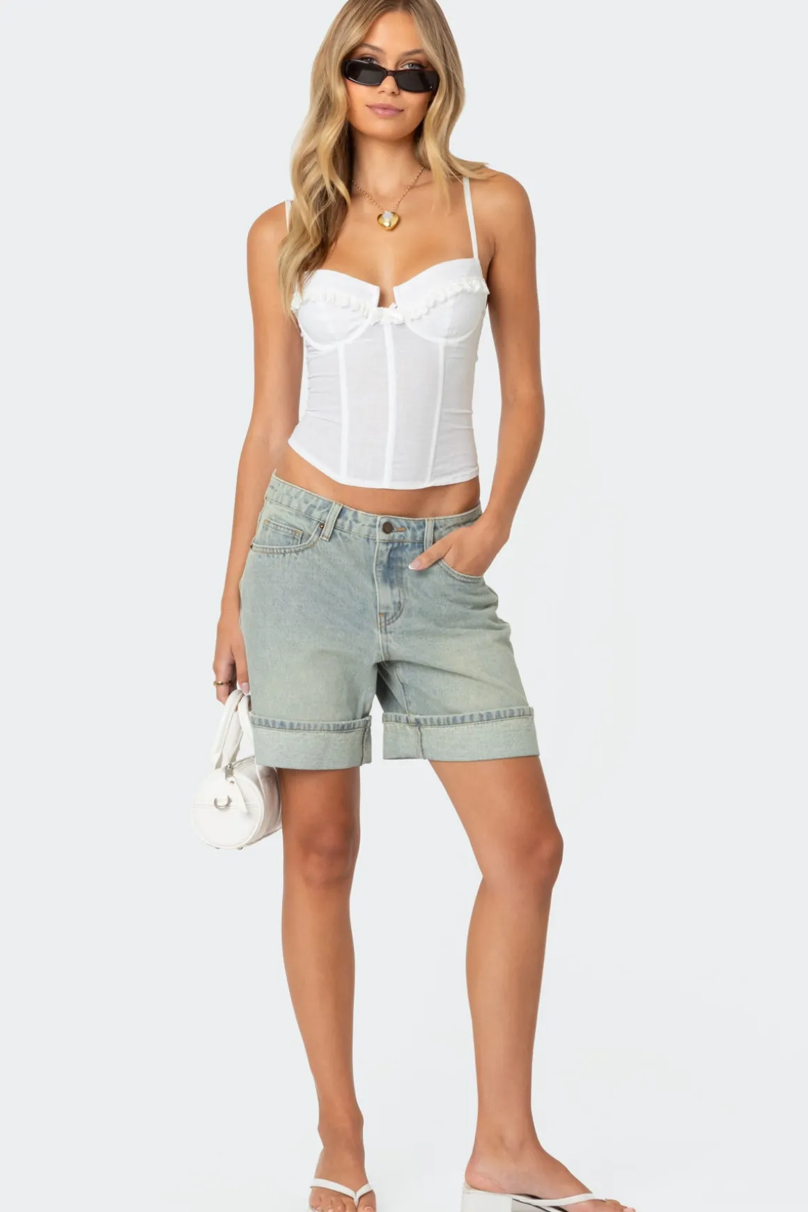 Cuffed Washed Denim Bermuda Shorts