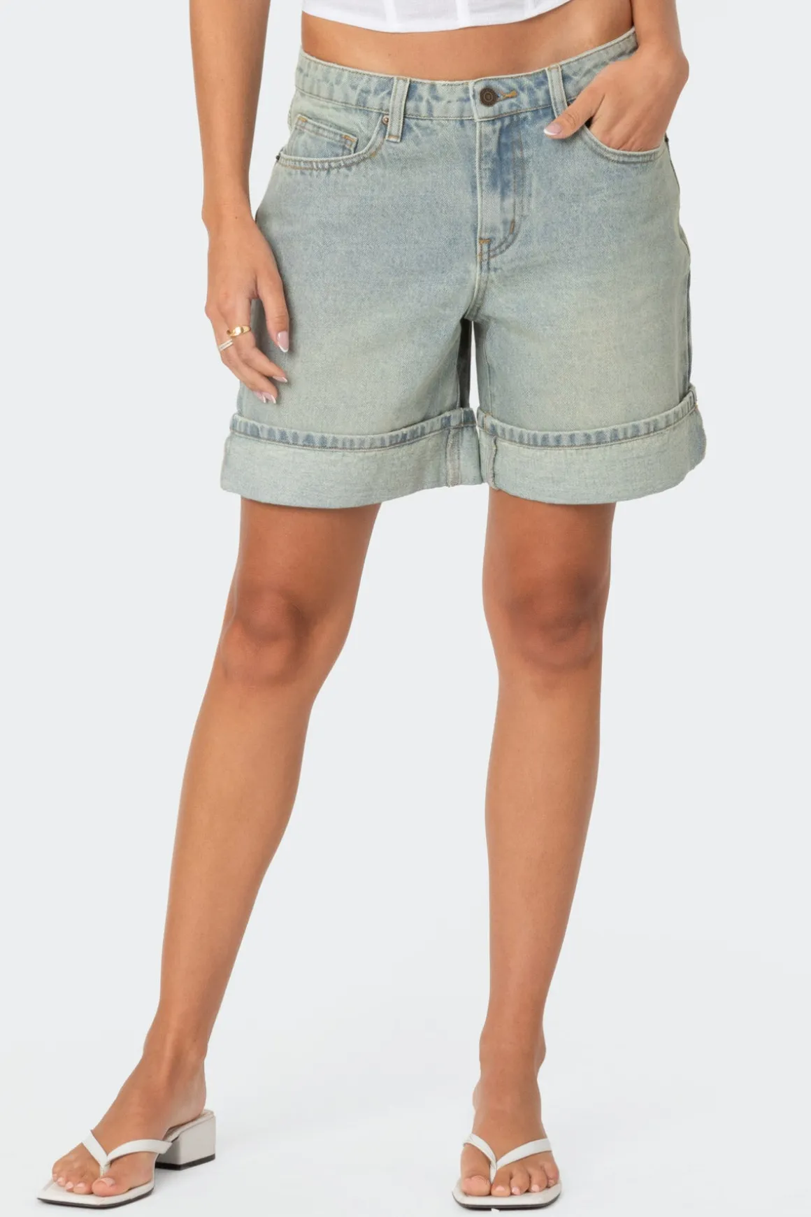 Cuffed Washed Denim Bermuda Shorts
