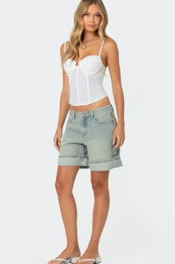 Cuffed Washed Denim Bermuda Shorts