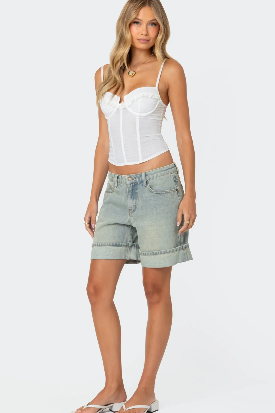 Cuffed Washed Denim Bermuda Shorts