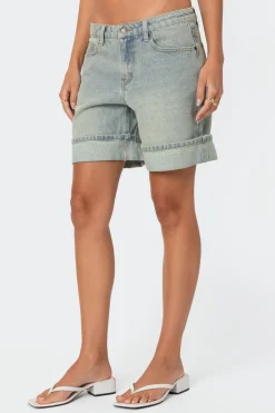 Cuffed Washed Denim Bermuda Shorts