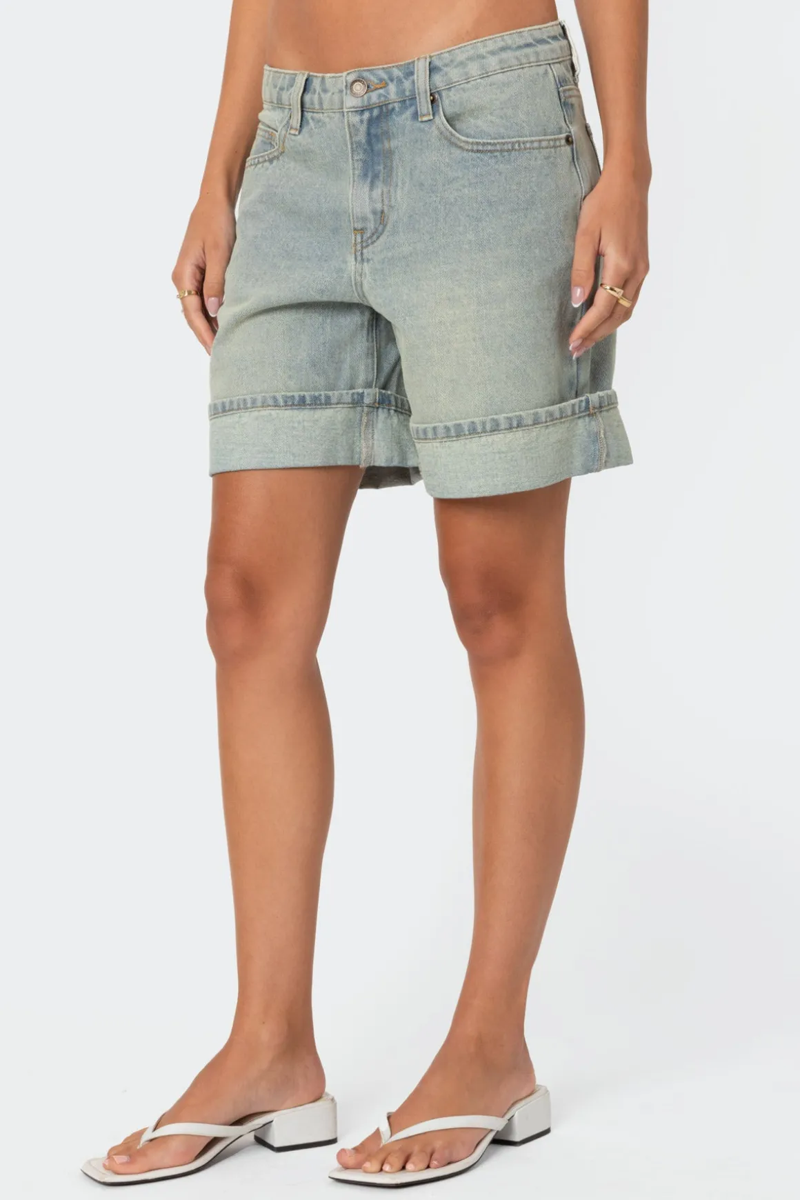 Cuffed Washed Denim Bermuda Shorts