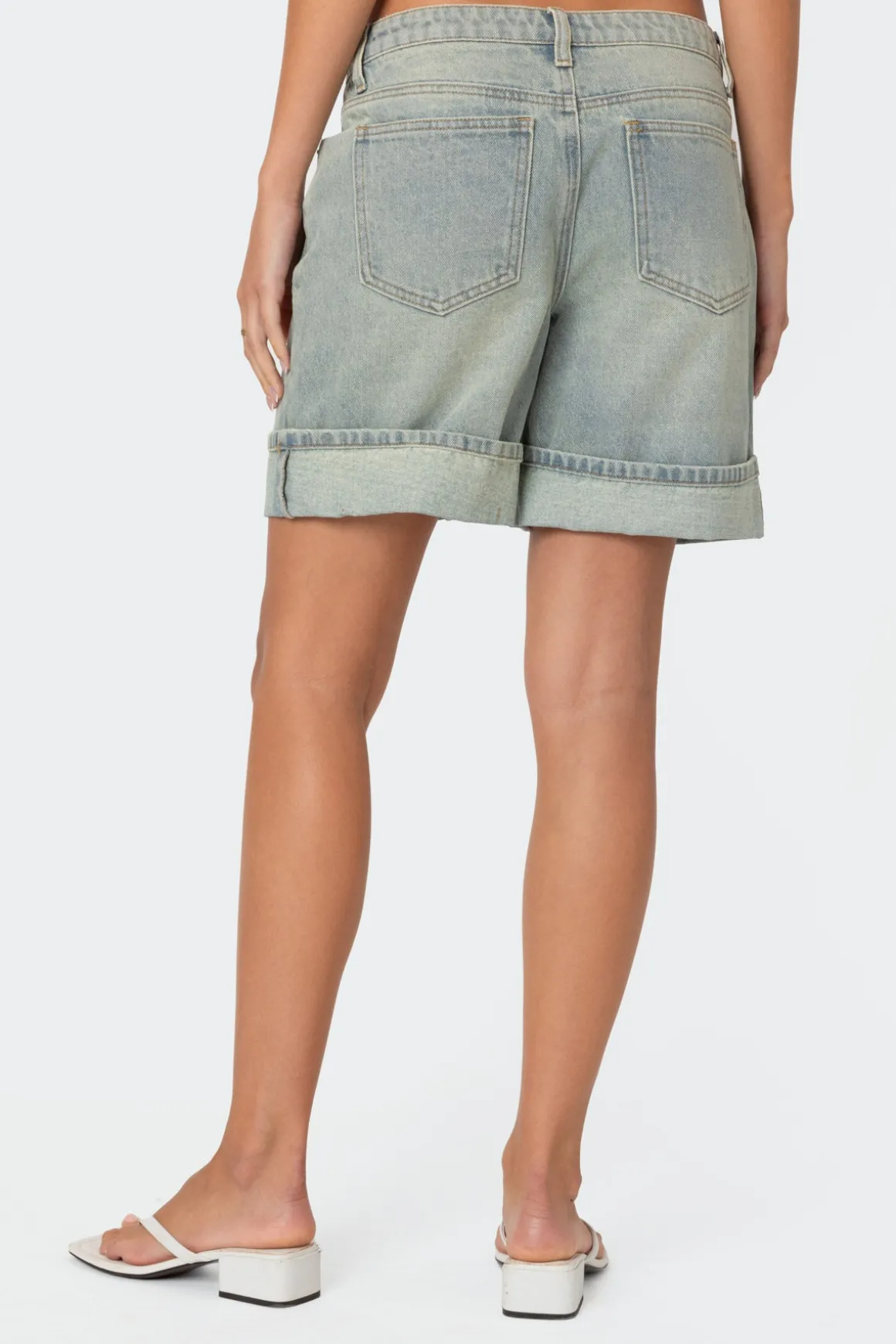Cuffed Washed Denim Bermuda Shorts