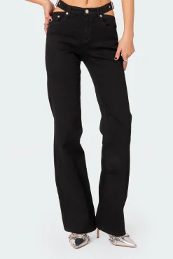 Cut Out Belt Low Rise Flared Jeans