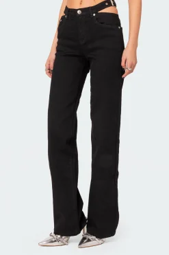 Cut Out Belt Low Rise Flared Jeans