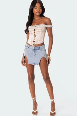 Damsel Off Shoulder Lace Up Satin Corset
