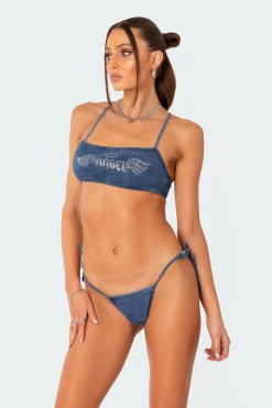 Deia Denim Back Rhinestone String Bikini Bottom