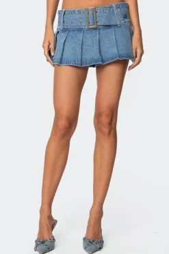 Denim Pleated Low Rise Micro Skort